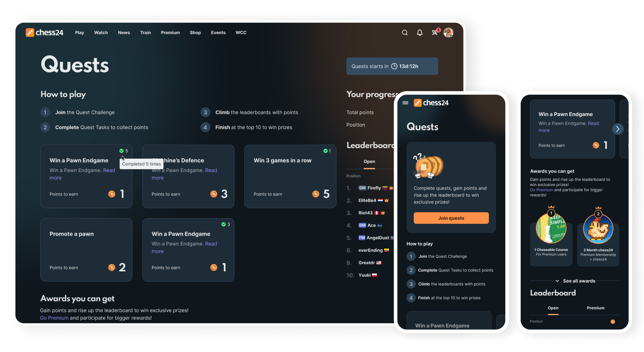 Chess24 quests feature across desktop and mobile